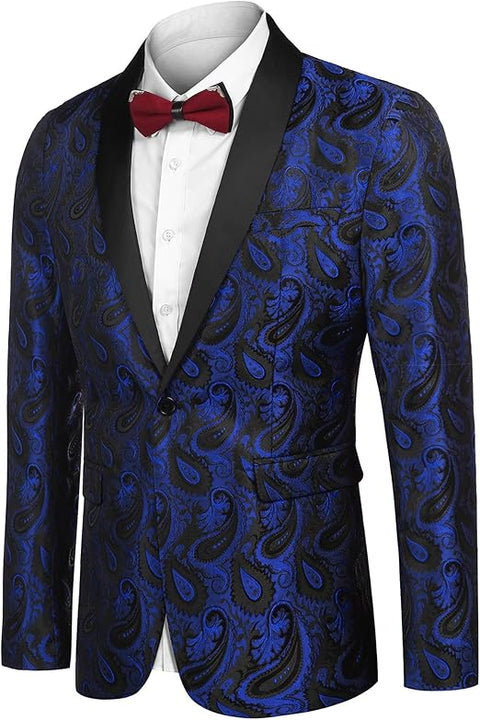 COOFANDY Mens Paisley Suit Lapel Jackets Tuxedo One Button Dinner Jacket Smart Blazer Retro Slim Fit Coat Party Blue XXL