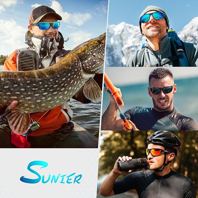 Sunier Polarised Sports Sunglasses for Men Women, Wrap Around Unbreakable Fishing Driving Sun Glasses with 100% UV400 Protection