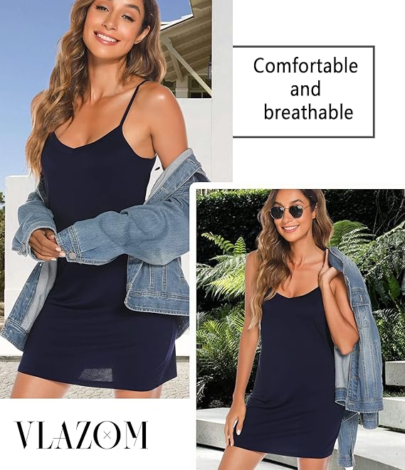 Vlazom Women's Full Slips Soft Slinky Petticoat Spaghetti Straps Ladies Sexy Nightdress Chemises Basic Underskirt Navy Blue,XL