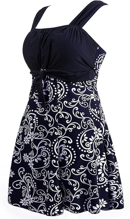 Wantdo Women's One-Piece Swim Dresses Plus Size Skirtini Tummy Control Swimsuits Summer Swimming Costume with Skirt Porcelain 16-18