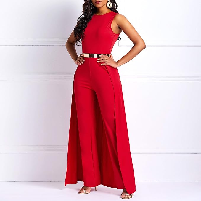 VERWIN Patchwork Overlay Embellished Plain Women's Jumpsuit High-Waist Woman Romper (X-Large, Red)