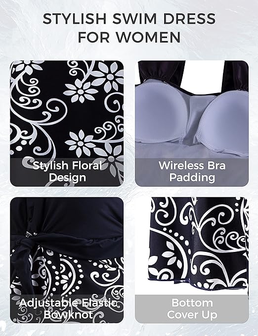 Wantdo Women's One-Piece Swim Dresses Plus Size Skirtini Tummy Control Swimsuits Summer Swimming Costume with Skirt Porcelain 16-18