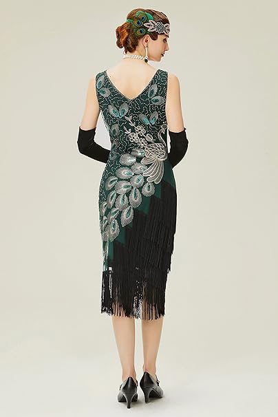 BABEYOND 1920s Vintage Peacock Sequined Dress Gatsby Fringed Flapper Dress Roaring 20s Party Dress, Dark Green with Black Fringe, 3X-Large