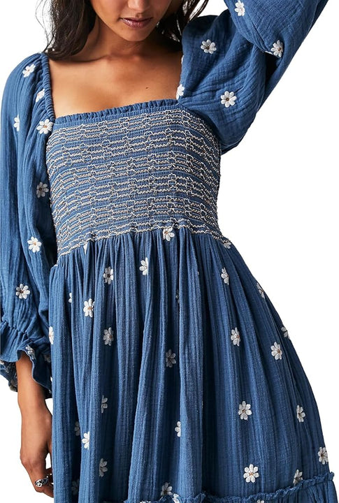 Yoisdtxc Women 's Smocked Square Neck A Line Flowy Maxi Long Dress Flower Print Half Sleeves Backless Embroidery Loose Swing Dress (Dark Blue, M)