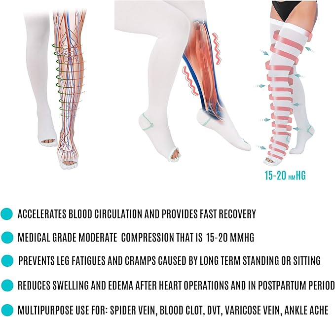 invera Anti-Embolism Compression Stockings Thigh High Unisex Ted Tube Socks 15-20 mmHg Moderate Level, White, X-Large (1 Pair)