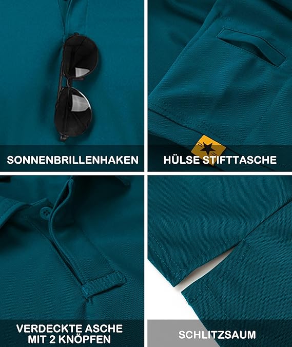 JACKETOWN Men's Polo Shirts Short Sleeve Badminton Breathable Poloshirt Summer Shirt with Spectacle Holder Button Front T Casual Sport Golf Adult(Dark Turquoise-Blue-L), 012-dark Turquoise Blue