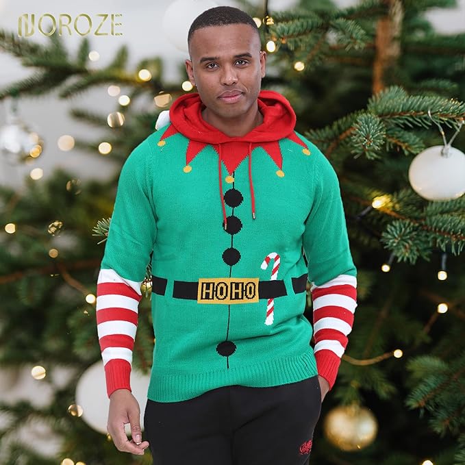 NOROZE Men's Boys Christmas Jumper Hoodie Unisex ELF HoHo Candy Cane 3D Knitted Pullover Kids Family Xmas Matching Top (S, Elf Candy Cane Green)