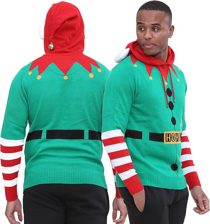 NOROZE Men's Boys Christmas Jumper Hoodie Unisex ELF HoHo Candy Cane 3D Knitted Pullover Kids Family Xmas Matching Top (S, Elf Candy Cane Green)