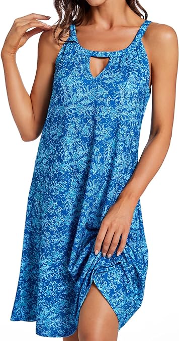 YXCFEWD Summer Dresses for Women Halter Neck Dress Ladies Floral Beach Dress Sun Casual (Dark Ocean, XL)