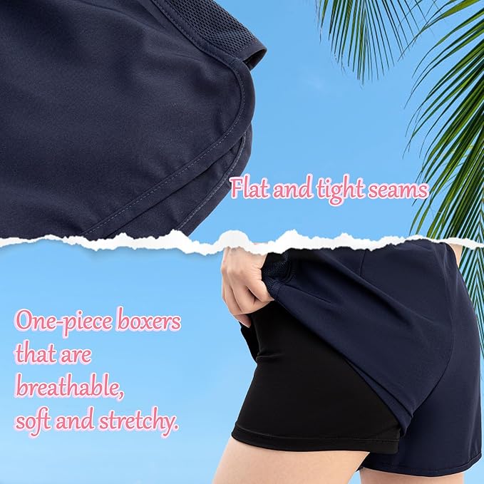 Kefiyis Swim Shorts Women High Waisted Swimming Shorts Quick Dry Ladies Board Shorts with Adjustable Drawstring Surf Shorts with Bottoms and Pockets, Blue, S