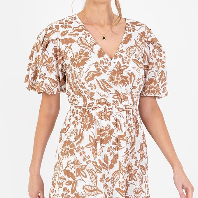 Lovedrobe Women's Ladies Midaxi Dress V-Neck Short Sleeve Faux-wrap Tiered Ruffle Floral Print Elasticated Waistband A-line Casual Brown 26