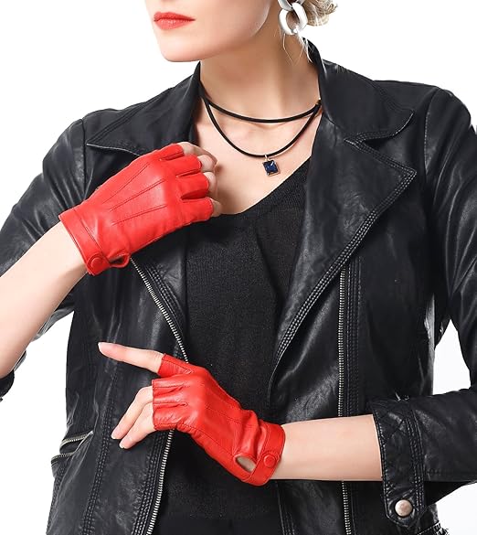 NappaNovum Women's Half Finger Leather With Silk Lining Performance Cycling Driving Gloves (S, Bright Red)