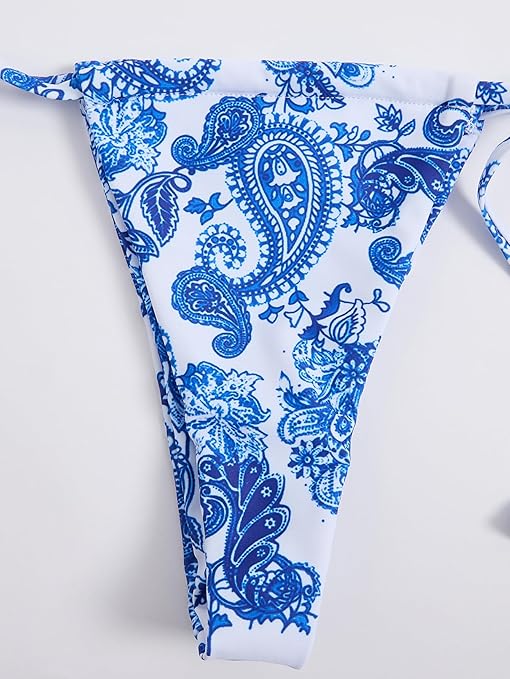 GORGLITTER Women's Floral Print Bikini Set Triangle Halter Bra and Tie Side Bikini Bottom 2 Piece Swimsuit Bathing Suits Floral Blue Small