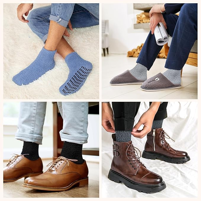 SIMIYA 5 Pairs Mens Fluffy Socks Winter Warm Slipper Socks Cosy Thermal Socks Non Slip Fleece Bed Socks, Multicolor, 6-12