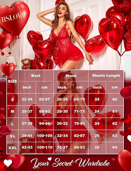 RSLOVE Women Sexy Lingerie Lace Babydoll Mesh Chemise Sleepwear Bridal Nightdress Red Small