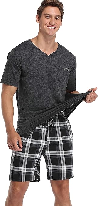 Vlazom Men's Pyjamas Set Short Sleeve Soft Pj's Top and Plaid Shorts for Sleepwear Loungewear with Pockets Dark Grey, L