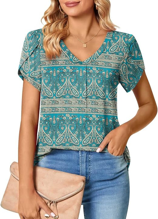 Bestbee Womens Short Sleeve Tops, Ladies Summer Tops Cute V Neck Shirts Plus Size Casual T-Shirts Loose Fit Blouses, Blue-Khaki, 2XL