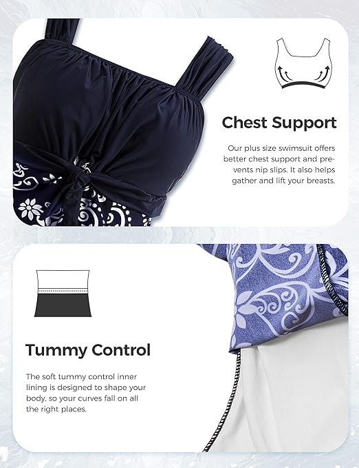 Wantdo Women's One-Piece Swim Dresses Plus Size Skirtini Tummy Control Swimsuits Summer Swimming Costume with Skirt Porcelain 16-18