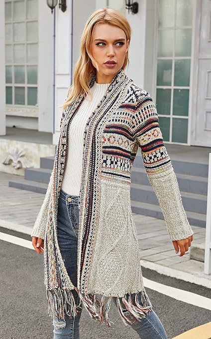 CGYY Women's Long Sleeve Open Front Cardigan Sweaters Boho Tassel Cardigan Aztec Tribal Stripe Fringe Cardigan