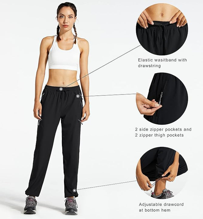 Libin Women's Hiking Trousers Waterproof Quick Dry Walking Pants Outdoor Elastic Waist Camping Travel Safari Rain with Zipper Pockets, Black M