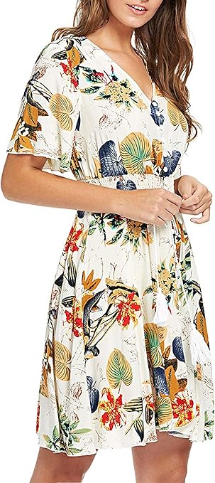 SEMIR Women's Boho Button Up Split Floral Print Flowy Party Dress Beige XL