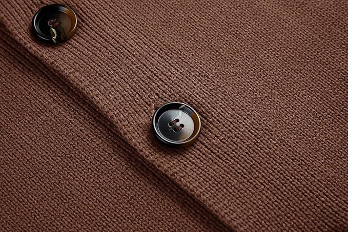 Gemijacka Mens Knitted Cardigan Stand Collar Sweater Button with Pockets Brown, L