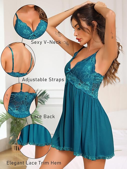 Vlazom Women Nighties, Elegant Lingerie for Ladies Nightdress Lace Chemise Slip Dress V Neck Babydoll Sleepwear Cobalt Blue,XXL