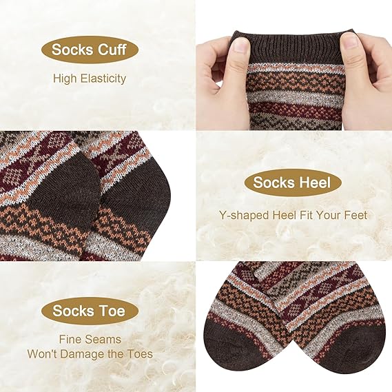 YSense Beau 5pairs Women Merino Wool Socks Thermal Chunky Winter Hiking Breathable Cushioned Cotton Socks Ladies' Cosy Warm Wool Crew Socks Gift Vintage Style