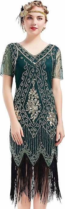 BABEYOND 1920s Flapper Fringed Sequin Dress Roaring 20s Fancy Dress Gatsby Costume Dress V Neck Vintage Beaded Evening Dress (DarkGreen, S)