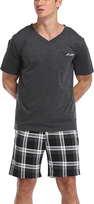 Vlazom Men's Pyjamas Set Short Sleeve Soft Pj's Top and Plaid Shorts for Sleepwear Loungewear with Pockets Dark Grey, L