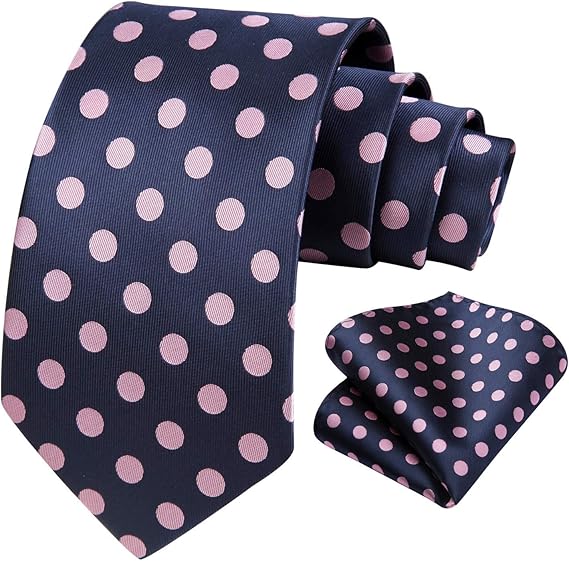 HISDERN Extra Long Polka Dots Tie Handkerchief Men's Necktie & Pocket Square Set , XL, 63 inches length, Pink / Navy Blue