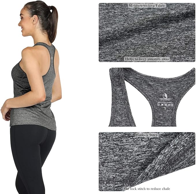 icyzone Womens Workout Top Racerback Quick Dry Yoga Running Tank Top Sleeveless Exercise Gym Shirts (M, Charcoal)