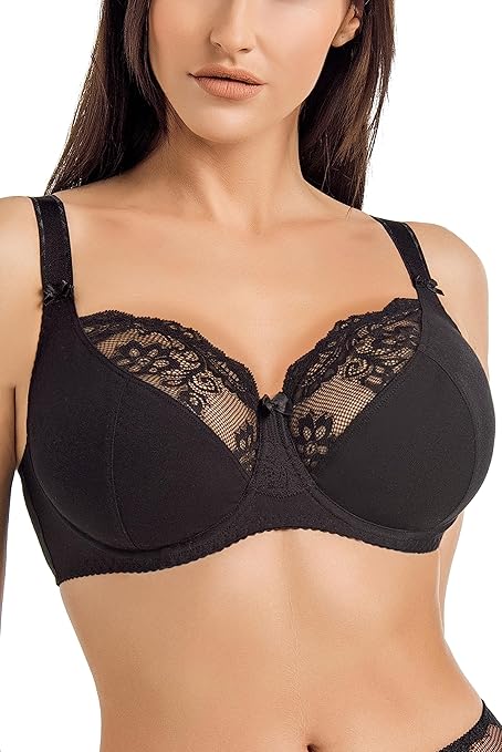 Teyli Bras for Women with Adjustable Straps - Women's Bra with lace Detail - Soft Cotton Bra - Underwired Bras Black 30J