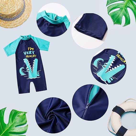 Ewbob Boy Swimsuit Sun Protection Short Sleeve Bathing Suit Kids Crocodile All in One Piece Swimwear Ages 18 Months to 6 Years Swim Costume for Swimming Lessons, Beach and Pool, 4-5Y