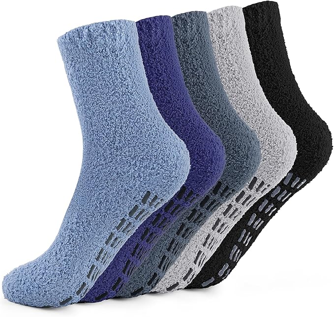 SIMIYA 5 Pairs Mens Fluffy Socks Winter Warm Slipper Socks Cosy Thermal Socks Non Slip Fleece Bed Socks, Multicolor, 6-12