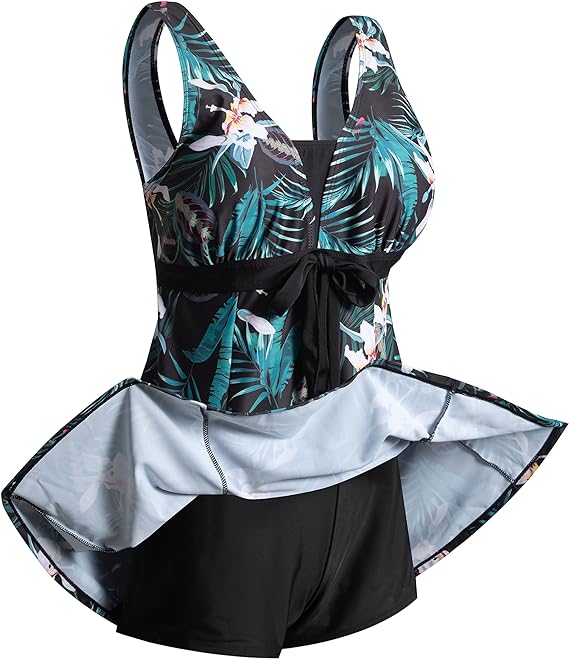 ECUPPER Womens Plus Size Skirted Swimsuit Floral Printed Swimwear Padded Swim Suit Dress with Boy Shorts