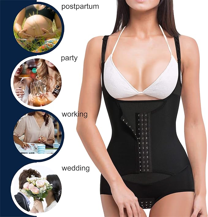 Chumian Women Waist Trainer Corset Firm Control Shapewear Slim Full Body Shaper Open Bust Bodysuit (Black, X-Large)