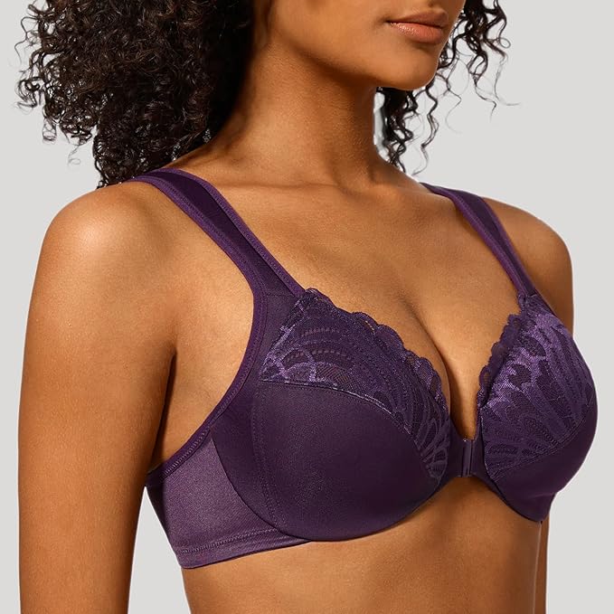MELENECA Front Fastening Bras for Women Plus Size Underwire Unlined Lace Cup Cushion Strap Purple 38G