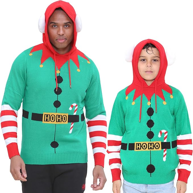 NOROZE Men's Boys Christmas Jumper Hoodie Unisex ELF HoHo Candy Cane 3D Knitted Pullover Kids Family Xmas Matching Top (S, Elf Candy Cane Green)