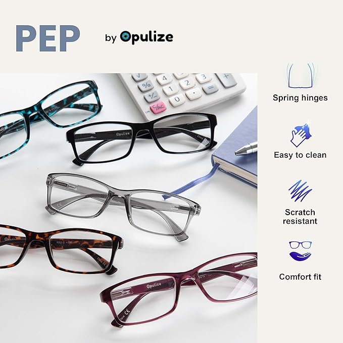 OPULIZE Pep Reading Glasses 6 Pack Classic Everyday Rectangular Frame Spring Hinges Scratch Resistant Black Mens Womens, +2.50