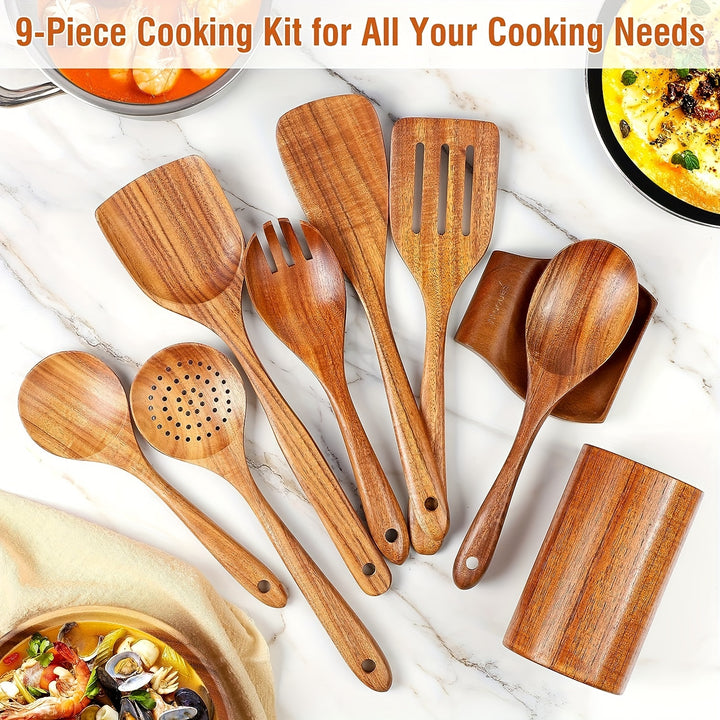 9Pcs Wooden Cooking Utensils Set – Heat Resistant Tools for Non-Stick Pans