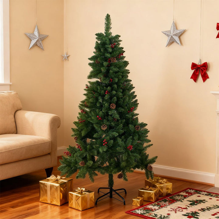 Artificial Christmas Tree with Snowflakes, Berries & Pine Cones – Full PVC Branches