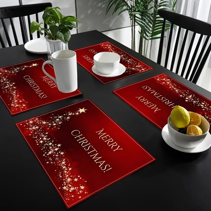 Set of 4 Luxury Christmas Linen Placemats – Red & Gold Holiday Table Mats
