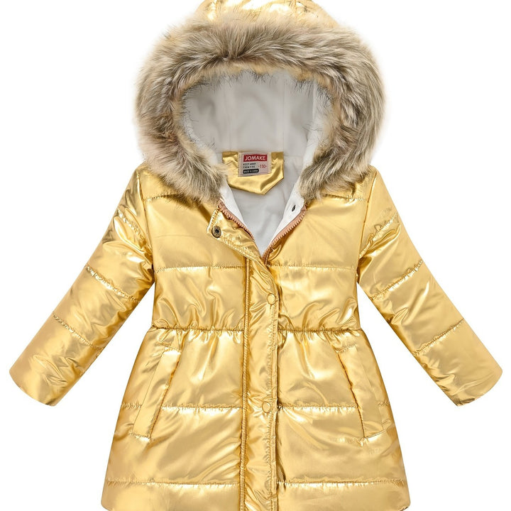 Boys & Girls Winter Jacket – Thick Glossy Hooded Mid-Length Coat