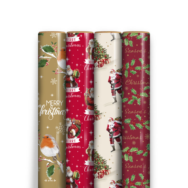 Pack of 4 Christmas Wrapping Paper Rolls – 7m Each, Festive Gift Wrap