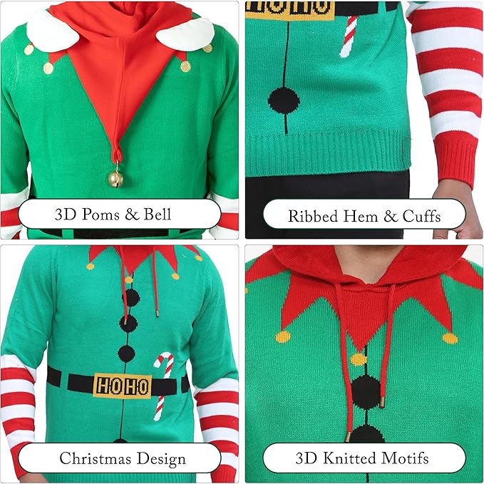 NOROZE Men's Boys Christmas Jumper Hoodie Unisex ELF HoHo Candy Cane 3D Knitted Pullover Kids Family Xmas Matching Top (S, Elf Candy Cane Green)