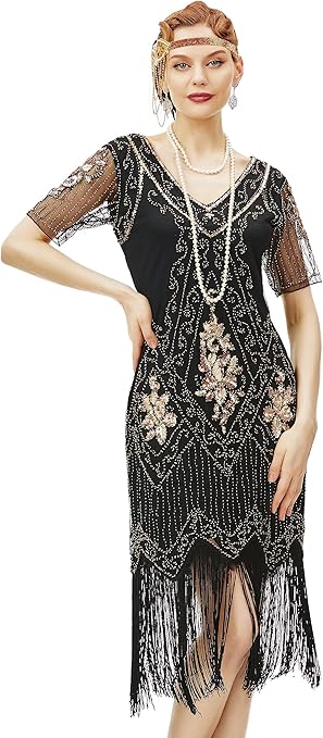 BABEYOND 1920s Flapper Fringed Sequin Dress Roaring 20s Fancy Dress Gatsby Costume Dress V Neck Vintage Beaded Evening Dress (BlackGold, 3XL)