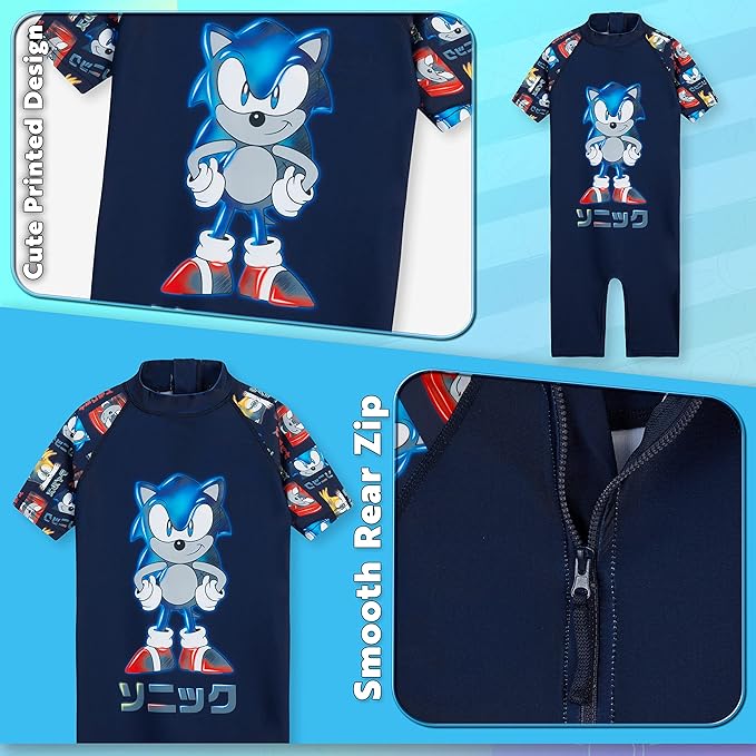 Sonic The Hedgehog Boys Swimming Costume Summer Holiday Essentials for Kids Childrens Swimwear 3-10 Years Short Sleeve Full Body Swimsuit with Zip Beach Pool (Navy, 7-8 Years)
