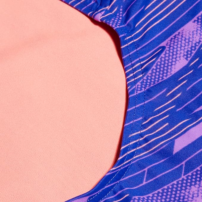 Speedo Junior Girl's Hyperboom Allover Medalist One Piece Swimsuit | Chlorine Resistant | Quick Drying, True Cobalt/Sweet Purple/Disco Peach, 11-12 Years