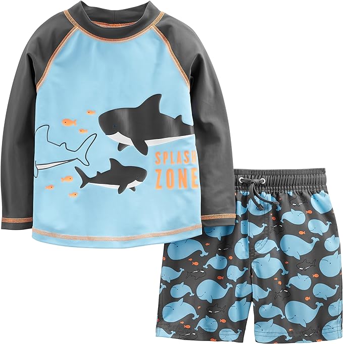 Simple Joys by Carter's Baby Boys' Swimsuit Trunk and Rashguard Set Rash Guard, Black/Sky Blue Whales, 18 Months